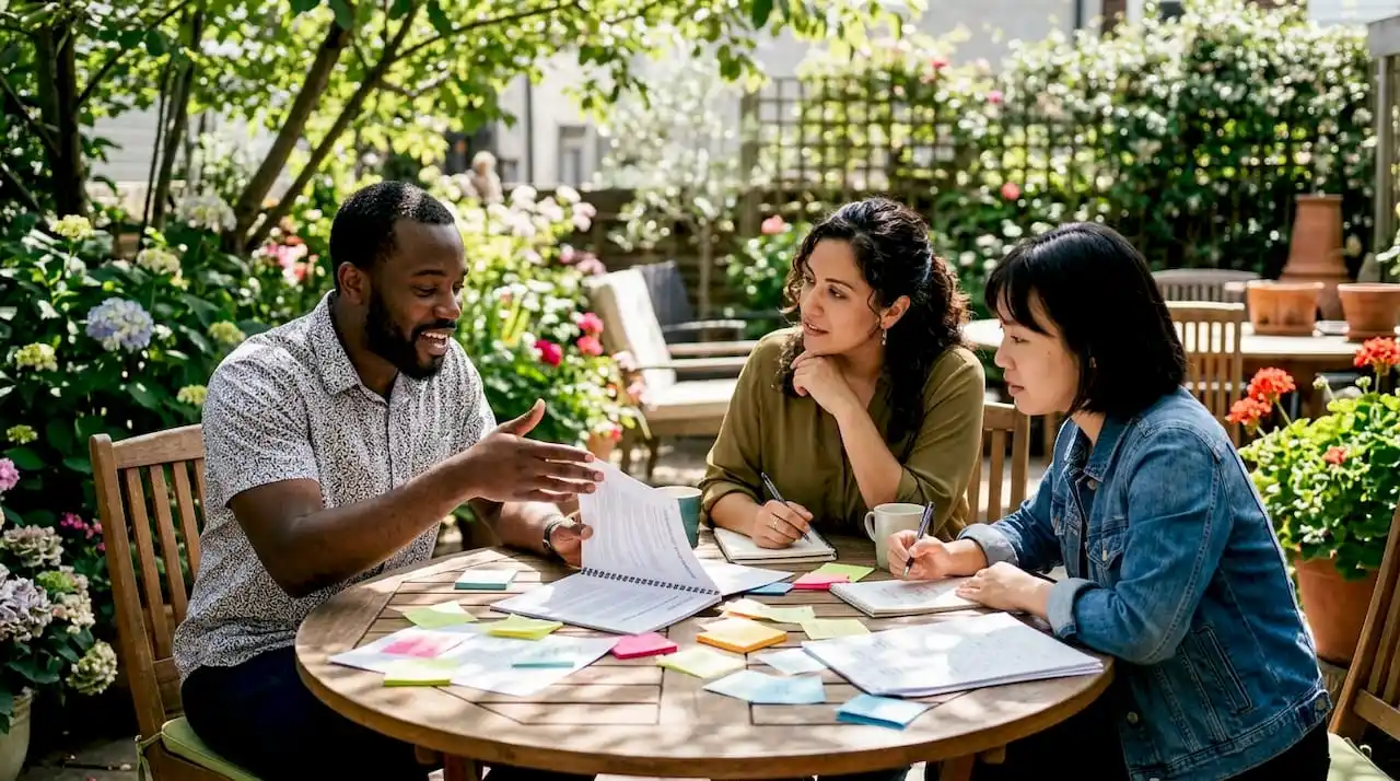 Nonprofit team discussing marketing strategies around table