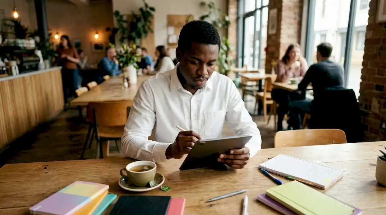 User interacting with CRM on tablet in home office