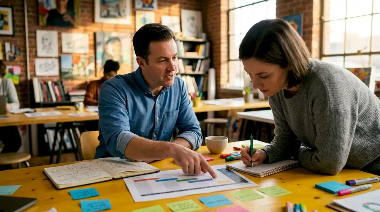 Hands collaborating over project plan and notes in office