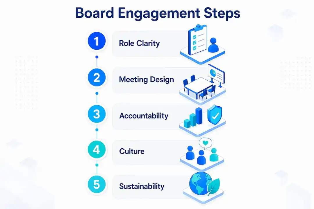Infographic illustrating steps to improve board engagement in nonprofits