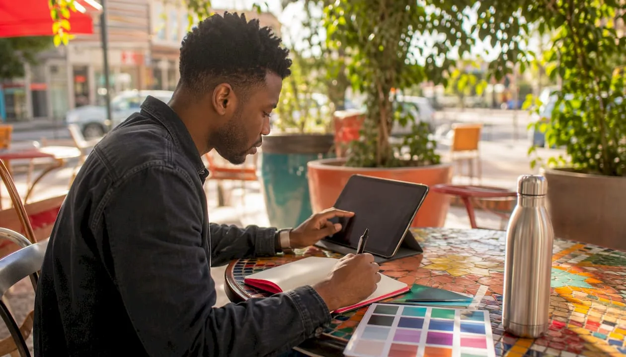 Man designing digital membership form at coworking spot