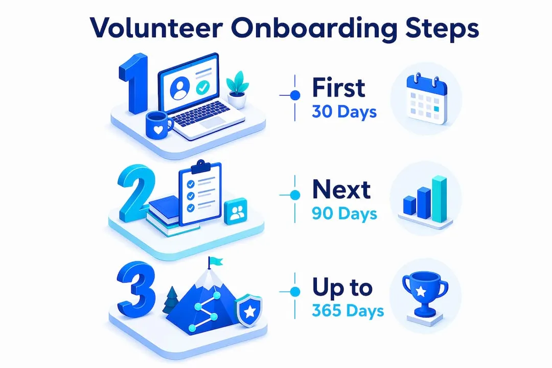 Infographic outlining volunteer onboarding timeline steps
