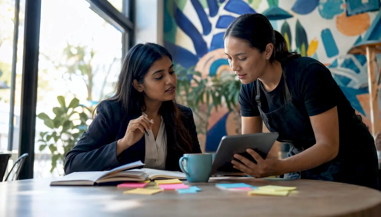 Woman discussing email list growth with barista