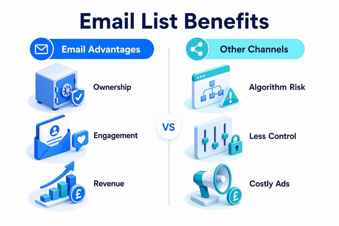 Infographic comparing email list benefits vs other channels