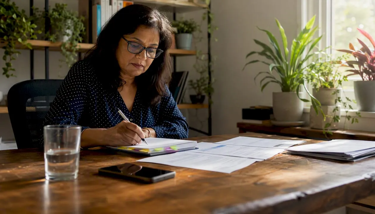 Woman reviewing membership CRM documents in coworking space