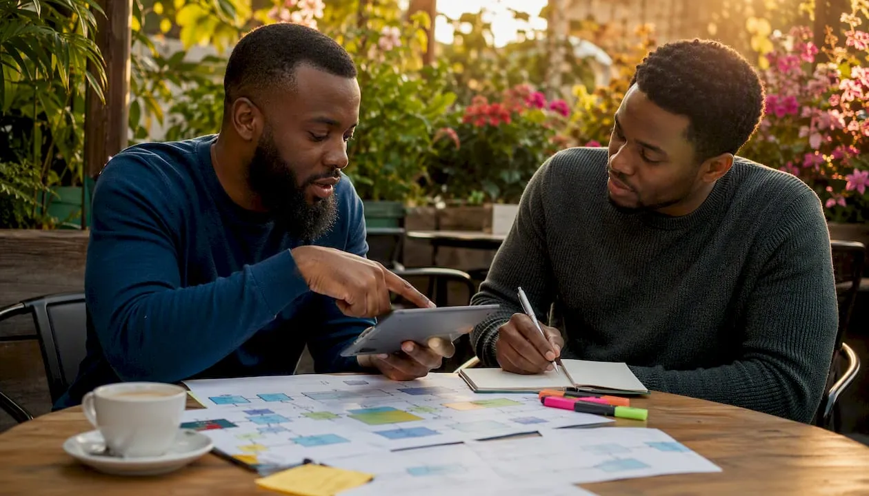 Two men discussing membership CRM implementation in conference room