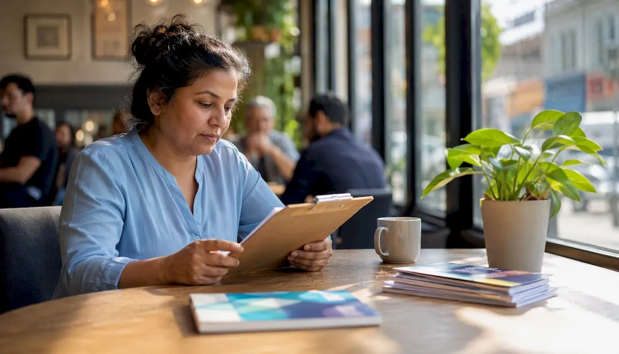 Woman reviewing membership CRM demo at cluttered desk