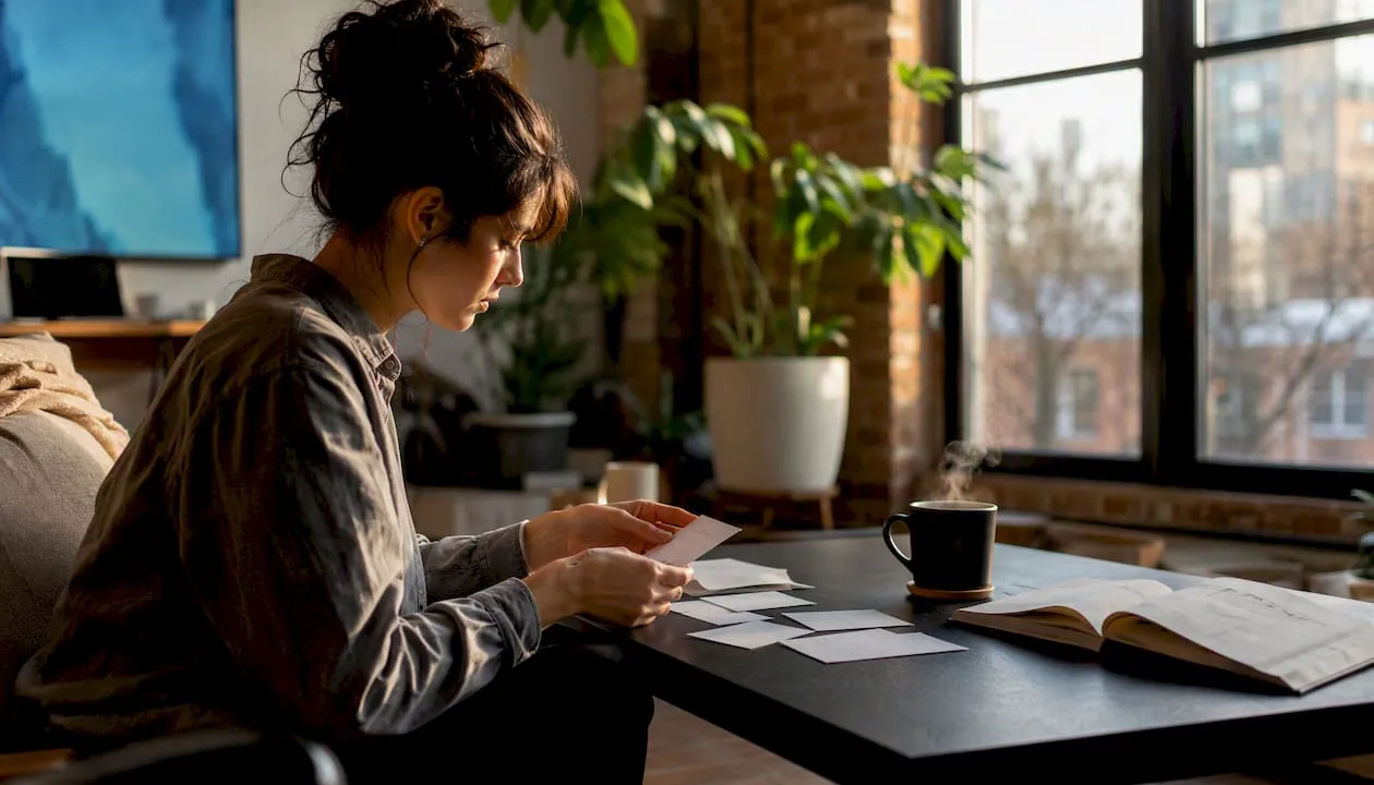 Person sorting membership cards at desk