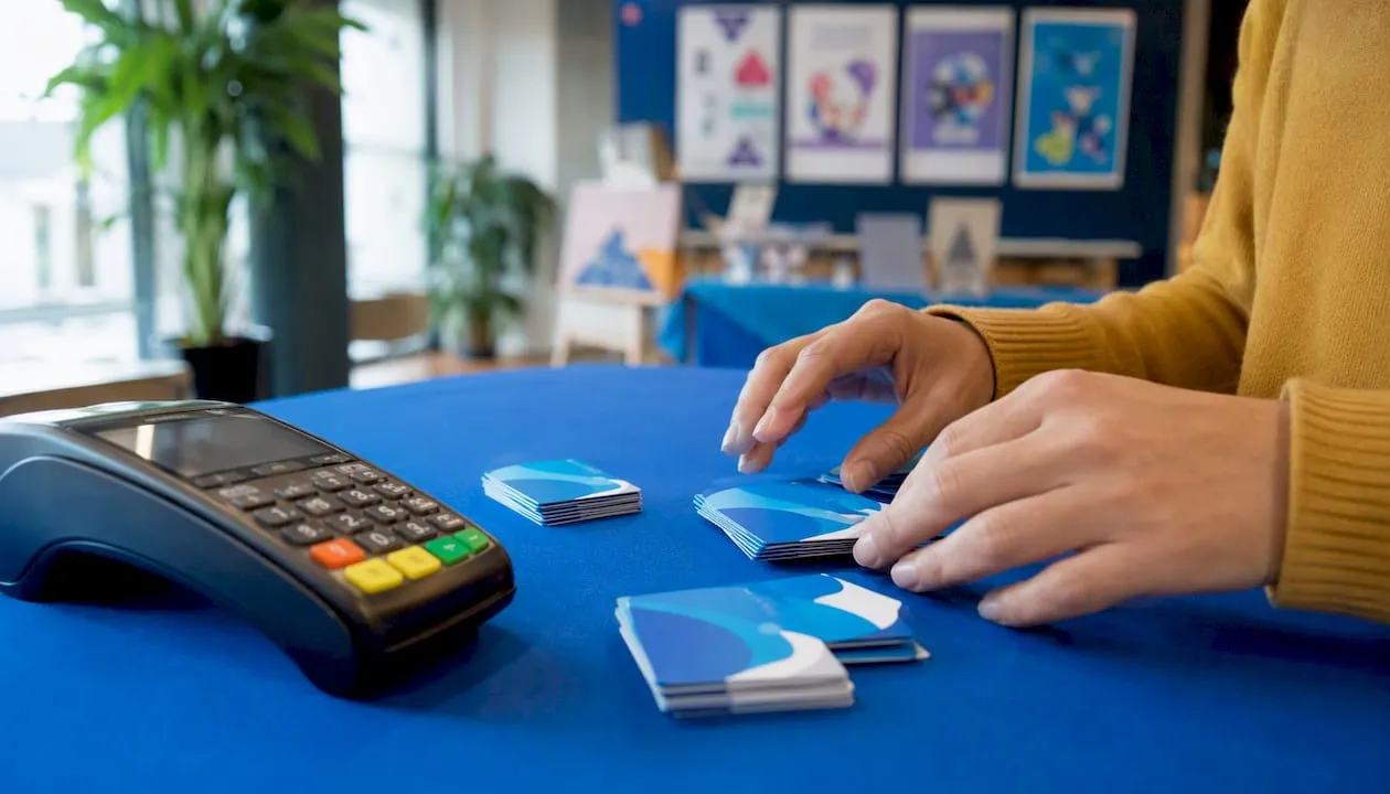 Hands setting up payment terminal and membership cards