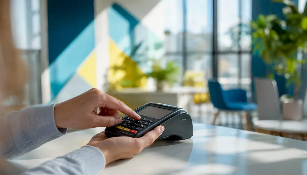 Hands adjusting payment terminal setup