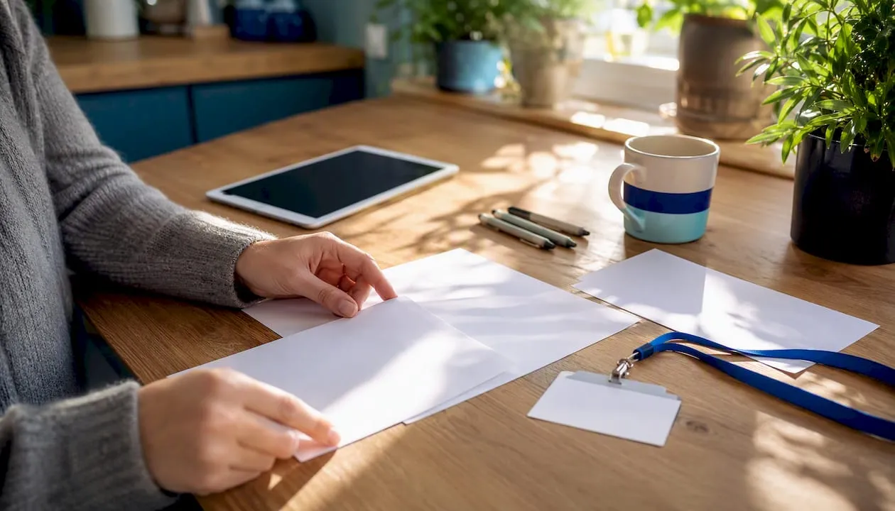 Hands arranging onboarding materials on table