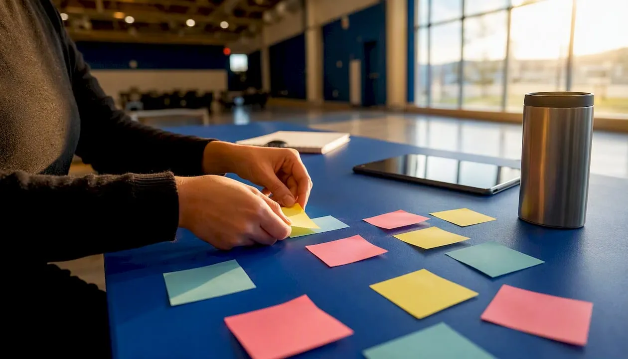 Hands organizing event content cards on table