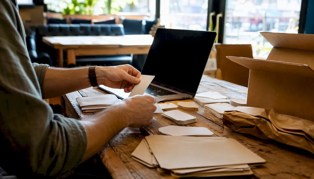 Hands preparing product packaging for online store