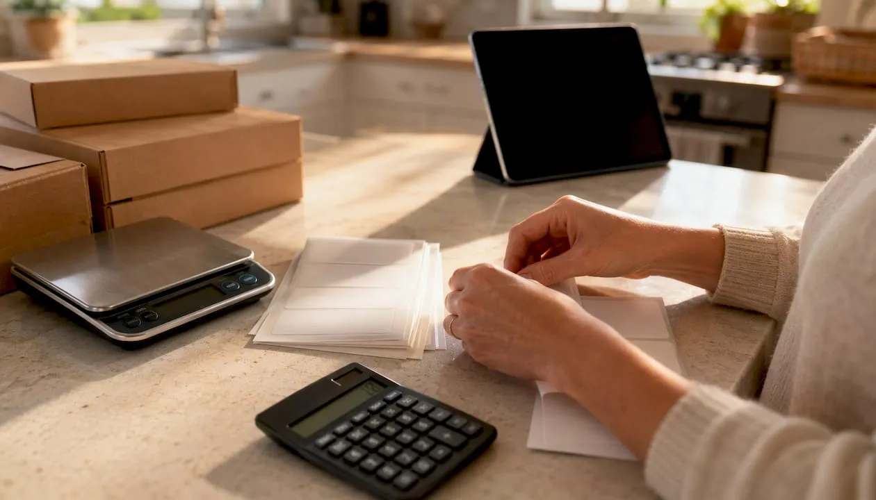 Hands preparing shipping and tax documents