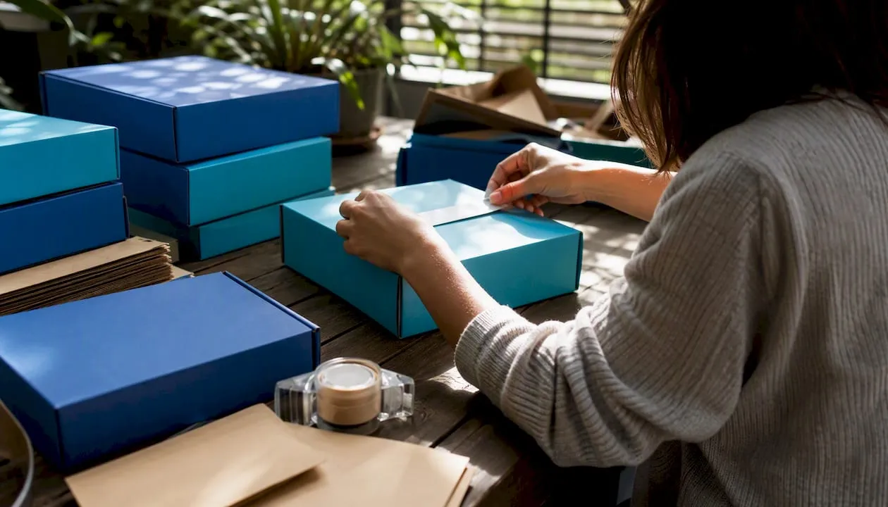 Hands packing ecommerce orders in nonprofit