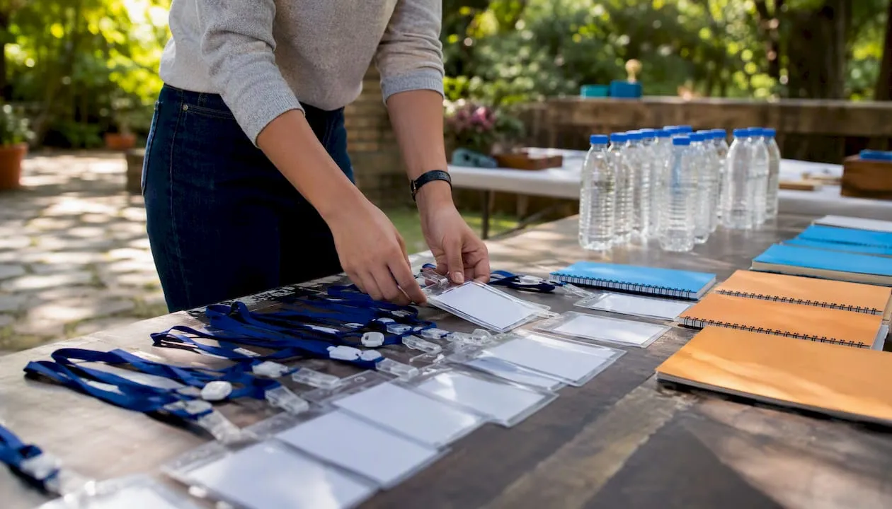 Hands arranging event badges for training pilot