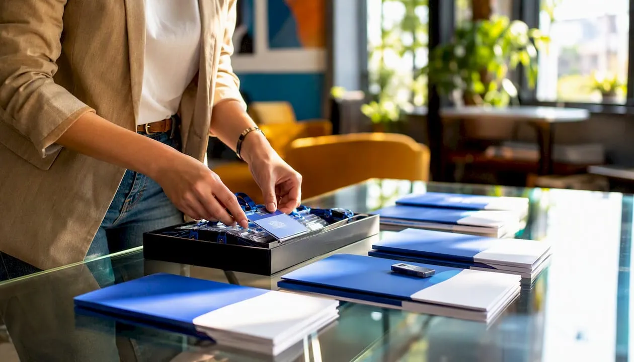 Hands assembling onboarding welcome kit