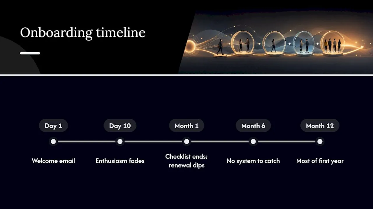 Progressive onboarding timeline with engagement and renewal milestones