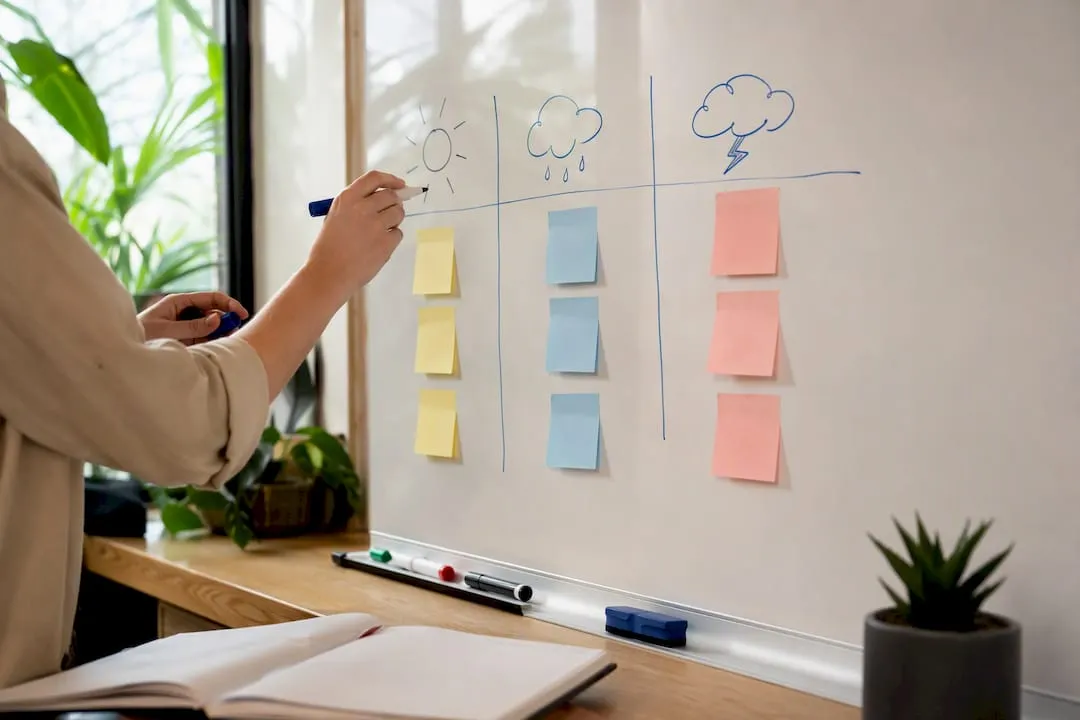 Hands creating budget scenarios on white sheet