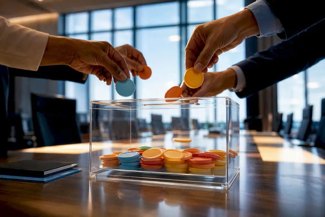 Members placing voting tokens in clear ballot box
