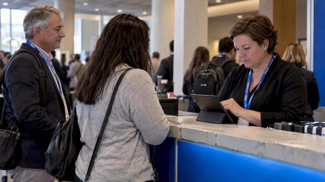 Staff verifying attendee credit eligibility at conference check-in