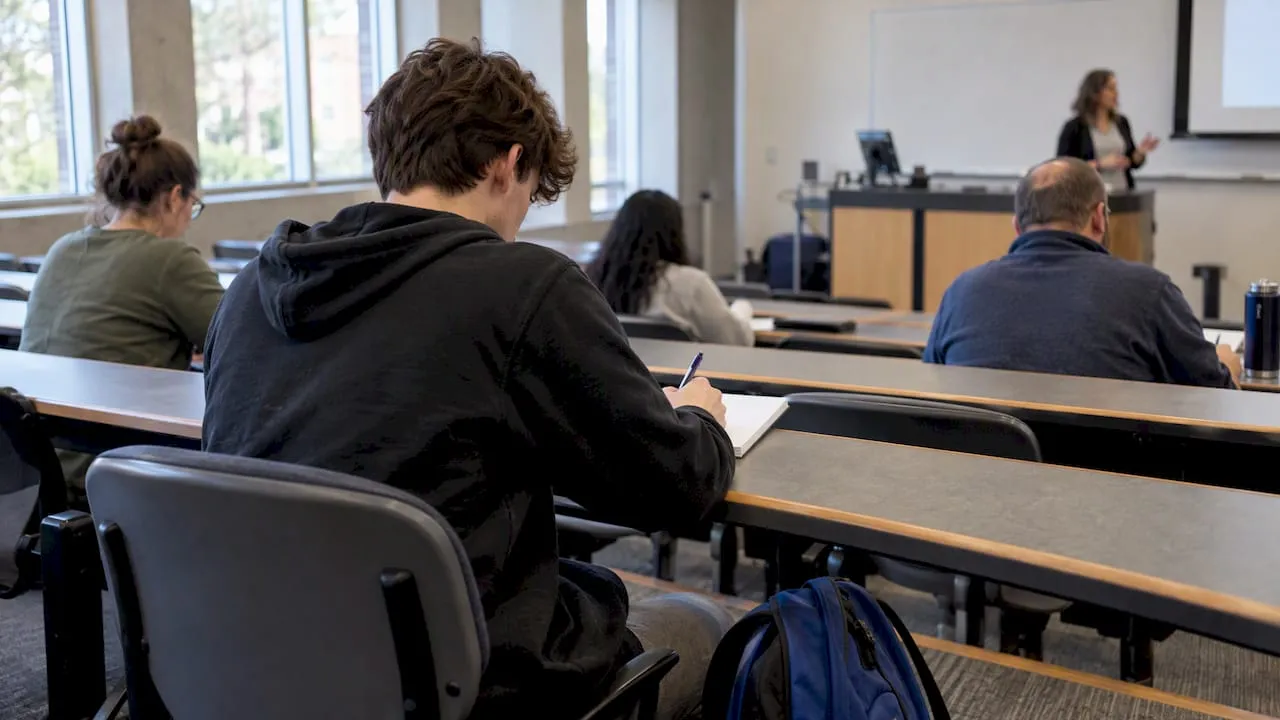Teen student attending a college class