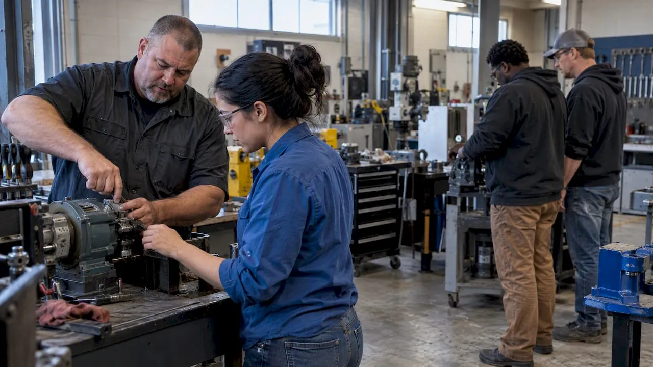 Workers practicing technical skills in a shared workshop