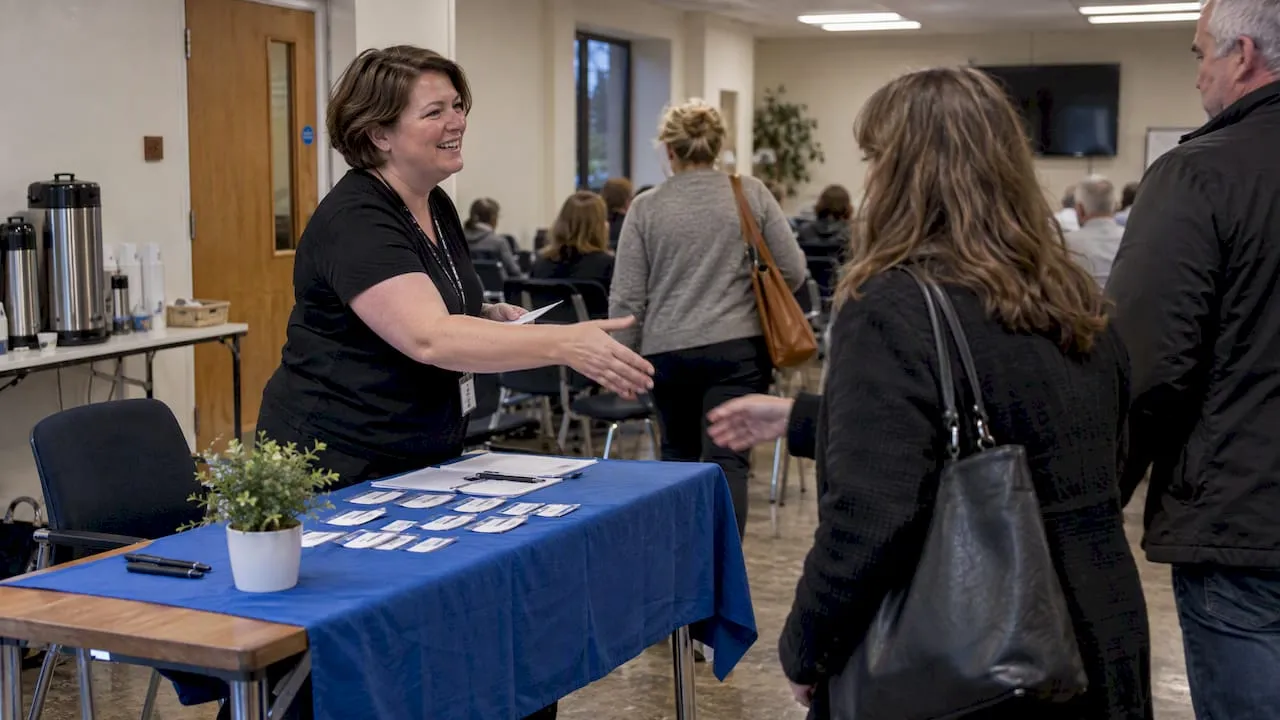 Volunteer welcoming members to a local chapter event