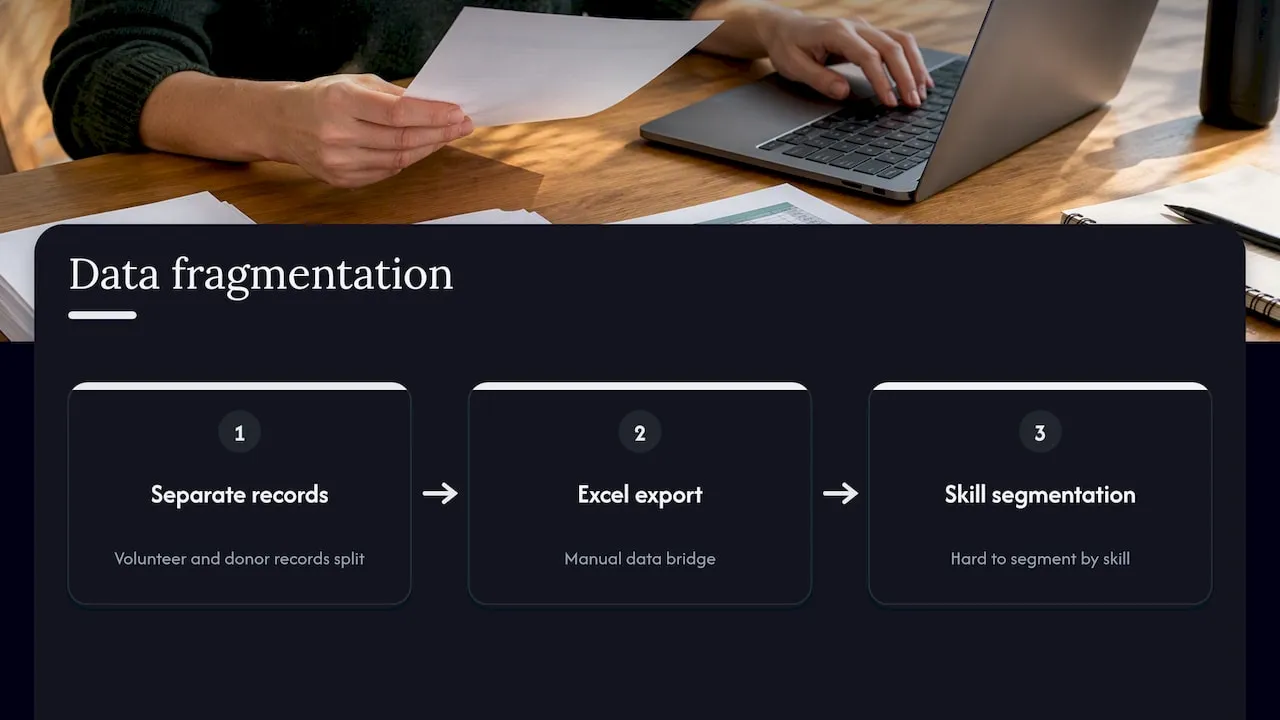 Volunteer and donor records separated across tools