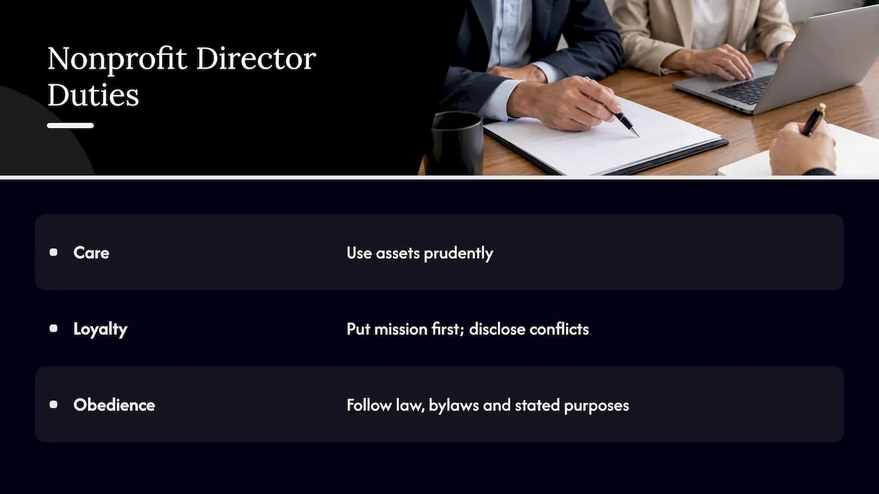 Care, loyalty and obedience duties for nonprofit directors