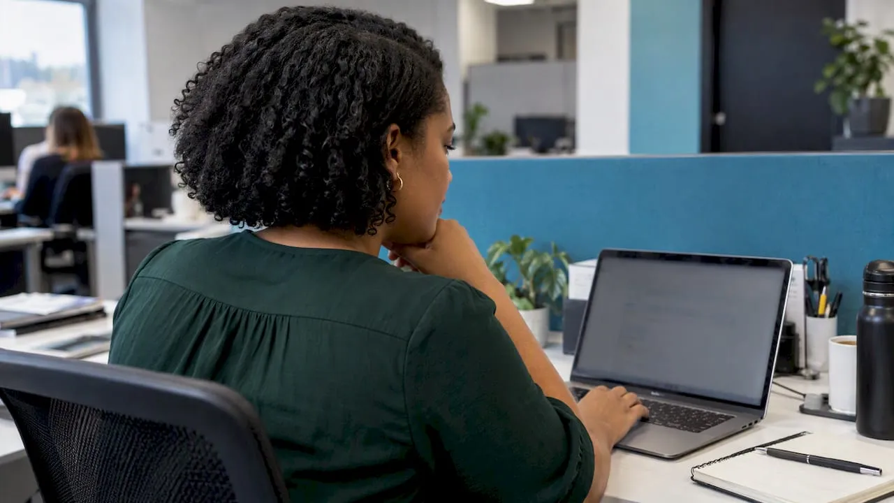 Manager comparing CRM options in her office